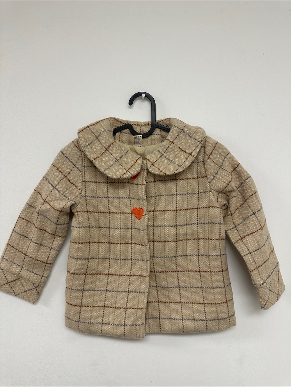 Kids Beige Plaid Coat with Heart Button